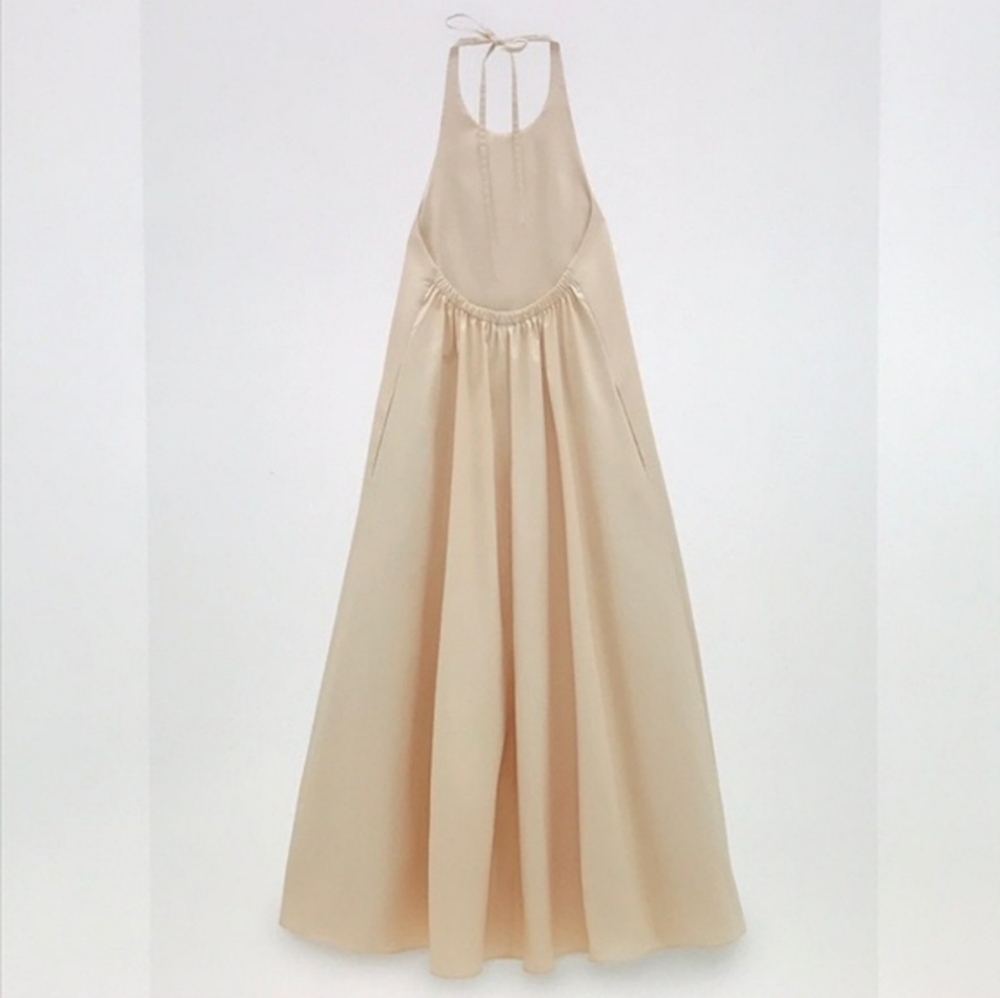 Zara Dress Size M Maxi Halter Dress Cotton- Cream Tan NWT - Picture 5 of 13